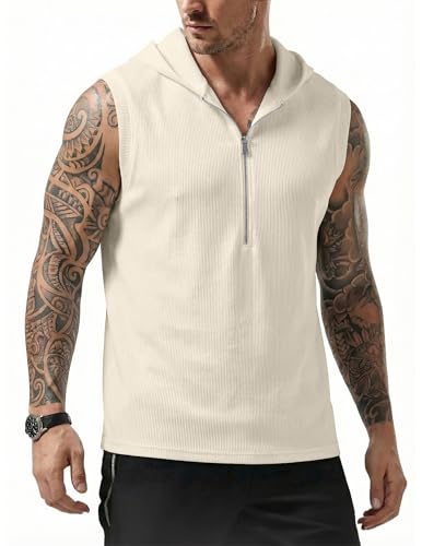 JMIERR Men's Fashion Sleeveless Hoodie Tank Tops Quarter Zip Pullover Vest Casual Slim Fit Muscle Hooded Tee Shirts for Summer Beach and Streetwear, L, Apricot