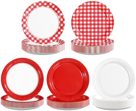 60Pcs Red Gingham Paper Plates 9" Disposable Red and White Checke...