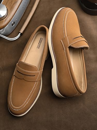 Image of STANPHORD Men Suede Formal Loafer Shoes | Round Toe Slip-On Moccasins | PU Leather Cushioned Anti-Slip | Office Party Business Casual Wear (TPSG 7086)