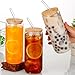 Phunihel 6 Pcs Drinking Glasses with Bamboo Lids and Glass Straw - 16 Oz Can Shaped Glass Cups for Beer, Ice Coffee, Cute Tumbler Cup Great for Soda Boba Tea Cocktail Include 3 Cleaning Brushes