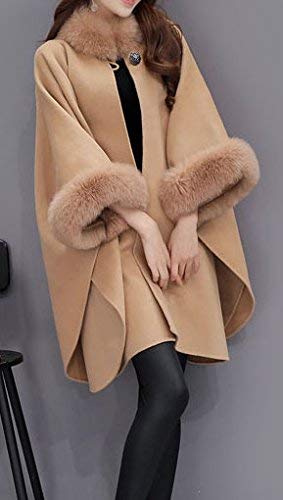 Poncho feminino de frente aberta Cicilin com camadas de acabamento de pele sintética, Camel, XL