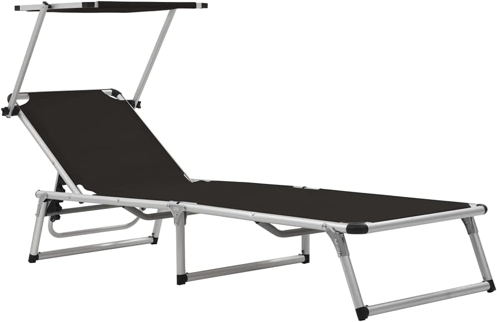 Folding Sun Lounger with Roof,Outdoor Lounge Chairs,Folding Sunbathing,Sunbathing Recliner,Beach Lounge Chair,Sun Lounge Bed,Outdoor Daybed,for Beach,Patio,Backyard, Aluminum and Textilene Black
