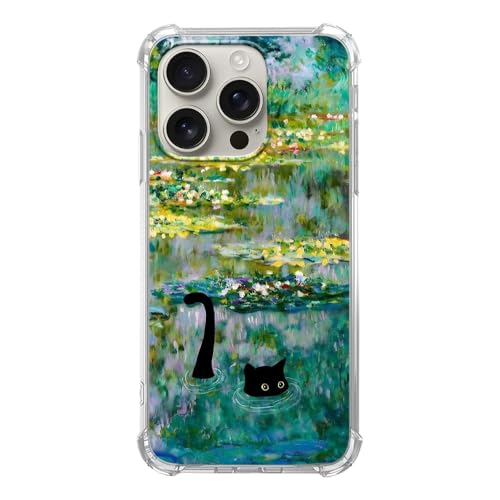 Rambulgkt Water Lily Pond Black Cat Case Compatible with iPhone 16 Pro, Cute Cat Painting Phone Case for iPhone 16 Pro, Cool Cute TPU Bumper Phone Case Cover