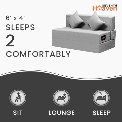 Image of Seventh Heaven Rejioce 2 Seater 4 * 6 Jute Fabric Washable Cover Sofa Cum Bed with 2 Cushions 2 Seater Double Foam Fold Out Sofa Cum Bed (Finish Color - Light Grey Delivery Condition - Pre-Assembled)