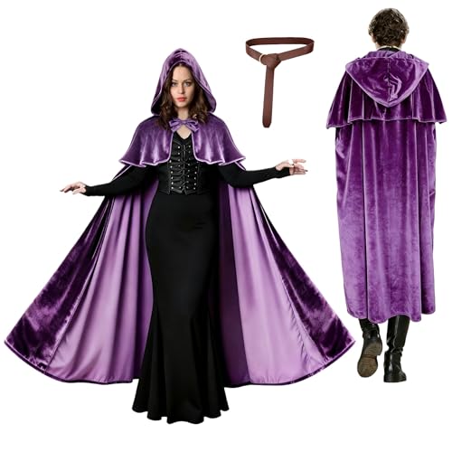 Niurui Renaissance Hooded Cape with Vintage Belt Medieval Cloak for Women and Men Hobbit Halloween Costume(Purple)