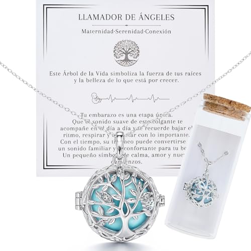 MOMENTUM Llamador de Angeles Embarazada   Dulce sonido   Presentación Premium   Collar meditación Arbol de la Vida   Regalo Original (AZUL)