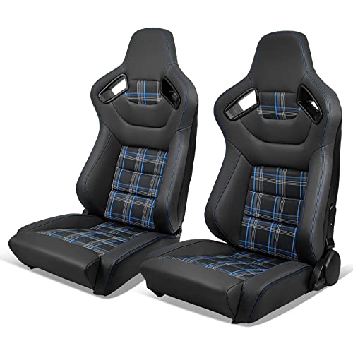 IKON MOTORSPORTS, Upgrade Universal Microfiber PU Leather + Carbon Leather Racing Seats, with Dual Sliders, Reclinable Black with Blue Plaid Sport Bucket Seat, 1 Pair Driver Passenger Side(Flat Style)