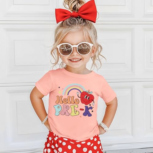 Hello Pre K Shirts for Toddler Girls First Day of Pre-K T-Shirt Apple Rainbow Back to School Outfit School Tee Tops2