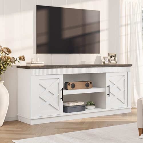 GarveeHome Farmhouse TV Stand for 70/75 in TVs, 65 in Long Entertainment Center w/ 2 Door &Open Storage Shelf, Rustic Fluted Television Consoles Stand