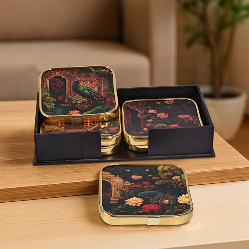 Image of Rousrie Stylist Modern Wooden Coasters with Golden Border | Set of 6 | Stand Included Premium Handmade Coaster for Tea Cups, Coffee Mugs, Beer Mugs, 10 by 10 cm (Rajasthani Pattern)