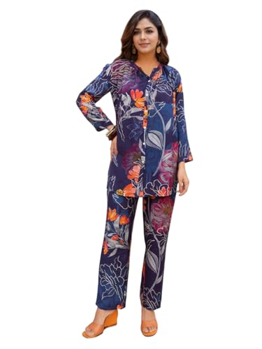 Image of NAINVISH Women's Floral Rayon Blend Co-ord Set | Straight Mandarin Collar Full Sleeve Top & Pant | Elegant Maroon, Blue Styles | Ideal for Casual, Lunch, Evening Outings | Ladies Matching Outfit