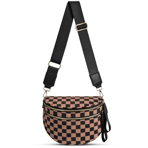 Checkered Nylon Crossbody Bag Bum Bag for Women Mom Spacious Checkered Crossbody Purses Shoulder Handbag