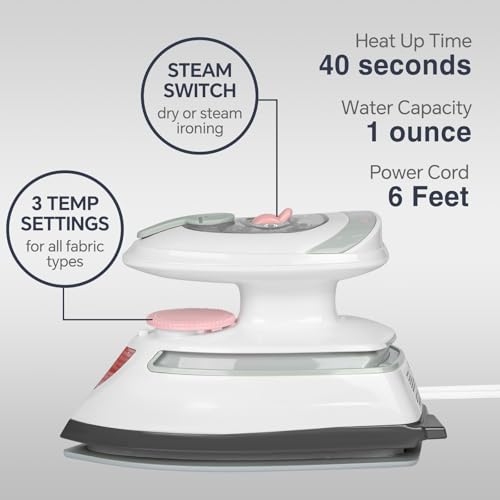 Image of BEAUTURAL Mini Travel Steam Iron for Clothes with Dual Voltage, Pink