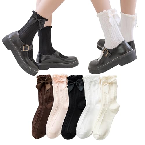 Starella 5 Pairs Women's Ruffle Frilly Socks Coquette Bow Lolita Preppy Crew Dress Sock for Girls