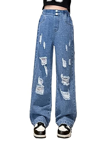 iiniim Big Kids Girls' Casual Wide Leg Baggy Ripped Jeans Youth Cool Loose Fit Distressed Star Printed Denim Pants