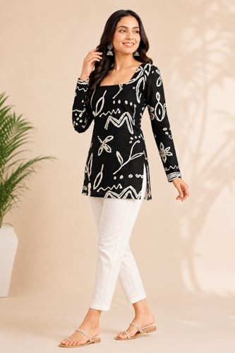 Image of Women's Cotton Printed Tunic Top | Square Neck Full Sleeve Casual Western Top | Trendy Longline Printed Top for Women | Stylish Party, Office