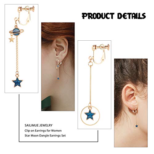 SAILIMUE 5Pairs Clip on Earrings Dangle Set for Women Cute Moon and Star Earrings Non Pierced Ear Clip Saturn Earrings2