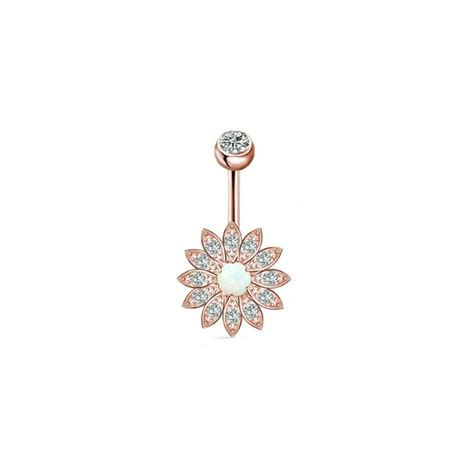 Banane Piercing, Bauchpiercing Rosegold Roségold Edelstahl 8 Stück 14G Bauchnabelpiercing Damen Weiß Rund Zirkonia Blumenmond Rund Weiß
