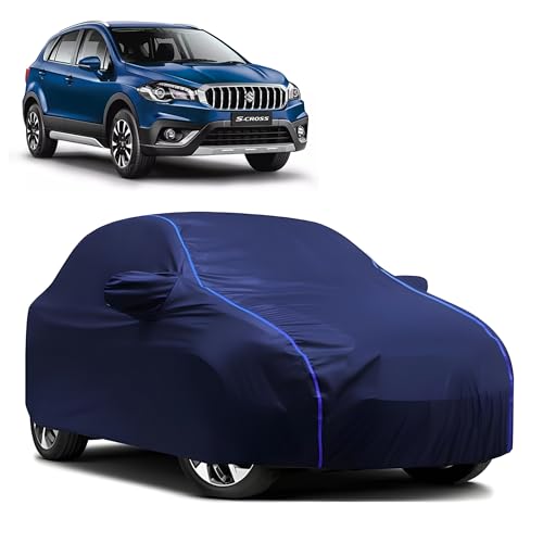 Image of Kerwa Car Body Cover Waterproof with Maruti Suzuki S Cross, Dust & UV Resistant All-Weather Proof Full Body Cover, Blue with Blue Lining, Triple Stitch Elasticated Bottom with Mirror Pocket