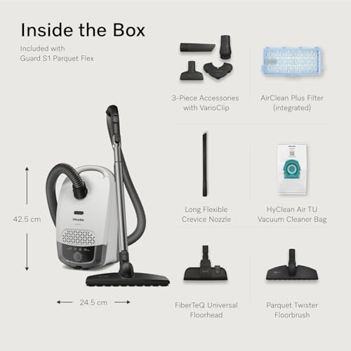 Miele Guard S1 Parquet Flex Bagged Canister Vacuum Cleaner with AirClean Plus Filter, Parquet Twister Floorbrush, Flexible XL Crevice Nozzle & Universal Floorhead, Brilliant White – 41TRE034CDN by Miele - Used condition - CA$423.33