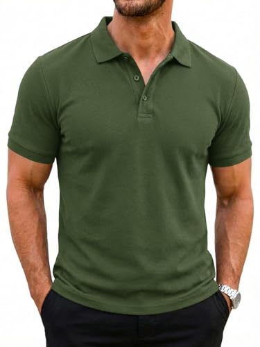 Runcati Polo de manga corta para hombre, camiseta de verano, monocolor, golf, deporte, algodón, polo básico de corte regular, polo, Verde militar., XXL
