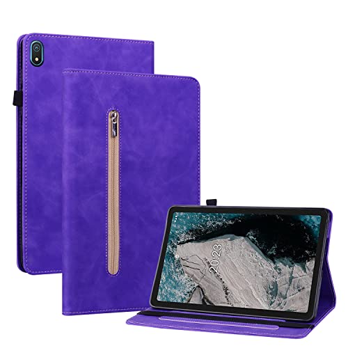 GXLONG Ooboom Zipper Coque pour Nokia T20 Tablet, Flip Smart Cover Protection Housse Étui Wallet Case PU Cuir Supporter avec Carte de Crédit Fentes Élastique - Violet Cover