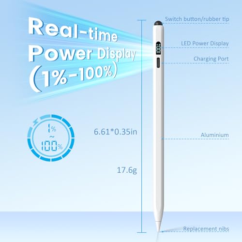 Image of DIGIROOT iPad Pencil LED Display 15 Mins Fast Charge Stylus Pen for iPad with Palm Rejection for 2018-2025 iPad Air 3 /4 /5 /M2 /M3, iPad mini 5 /6, iPad 6 /7 /8 /9 /10 /11, iPad Pro 11 inch,12.9 inch&M4 (White)