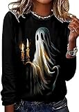 MHTOR Halloween Ladies Ghost Candle Graphic Long-Sleeved T-Shirt Halloween Autumn Warm Cute Ghost Pattern Long-Sleeved top(Medium,Black)