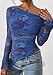 PRETTYGARDEN Womens Fall Trendy Off Shoulder Y2k Tops 2026 Tie Dye Mesh Long Sleeve Shirts Asymmetrical Ruched Floral Blouse (Floral Blue,Large)