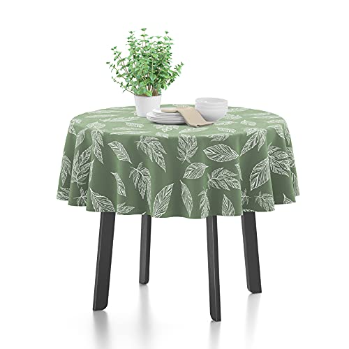 Encasa Homes Printed Cotton Tablecloth Round 56″ cm for 4-5 Seater Dining Table of Size 36″ to 48″, Washable, for Home, Restaurant, Banquet – Big Leaves Green