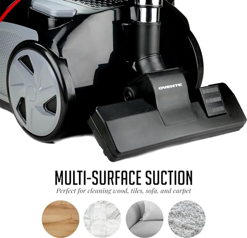 Image of OVENTE Canister Upright Vacuum with Filter, Black ST1600B + ACPST16041 | 360 Swivel Hose with Telescoping Wand and Automatic Cord Rewind, Lightweight Cleaning Machine for Hard Floors and Carpets