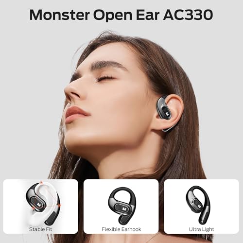 Image of Monster Open Ear Headphones AC330, Wireless Earbuds Bluetooth 5.4 with Clear Talk, Stylish Rotating Case with Lanyard, Type-C Charging, Comfort Fit, 24H Playback, IPX5 Water Resistant, Black