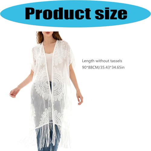 Bwuikim Modischer, vorne offener Strand Coverup Kimono, Langer Strand Cardigan mit Fransen und Spitze für Sonnenbaden, Poolpartys, Freizeitausflüge, durchsichtiges Saisonkleid-6