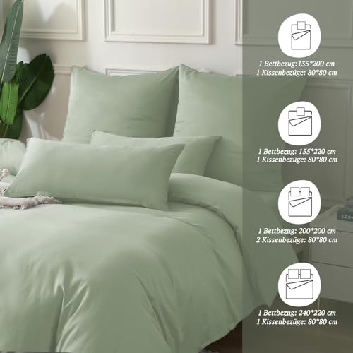 MILDLY Satin Bettwäsche 200x200 Baumwolle,Seidig Luxus Bettzeug,Salbeigrün – Ansicht 5