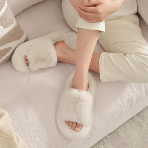 SNOWDROP Women's Open Toe House Slippers,Soft and Cute Fluffy Faux Plush Indoor Outdoor Non-slip Bedroom Slippers4