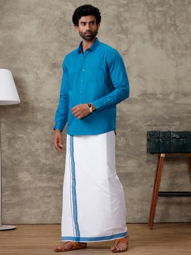 Image of RAMRAJ COTTON Men Full Sleeve Solid Shirt With Matching Border Dhoti|Ideal For Weddings And Occasion