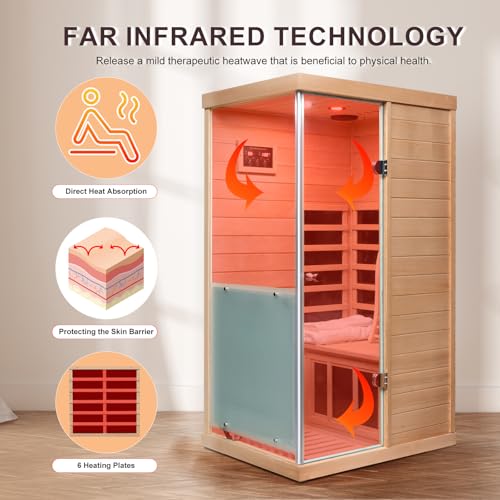 LTCCDSS Infrared Sauna, 1 Person Far Infrared Sauna for Home, with 1060W Indoor Sauna with Bluetooth Speakers, LED Reading Lamp, Red Lamp, 2 Tempered Glass Door, Hemlock Wood Sauna Room Left Door - Image 3