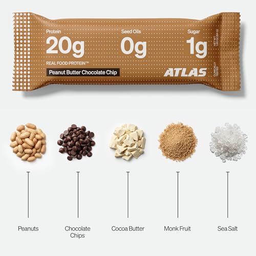 Image of Atlas Real Food High Protein Bars - 20g Protein, 1g Sugar, Clean Ingredients, High Fiber, Low Sugar Snack Bar, No Seed Oils, No Artificial Sweeteners (Variety, 12 Count)