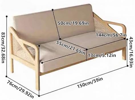 Cotton-Linen Blend Single/Double/Triple Bench Sofa with Rattan Arms - Stylish Living Room, Bedroom & Office Couch (59"x29.92"x32.68", A)