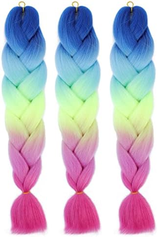 YUDAOHAIR Braiding Hair Extensions for Women High Temperature Synthetic Ombre Jumbo Braids Hair for Twist Crochet Braiding Hair (24 Inch, blue-light blue-yellow green-pink-peach red)