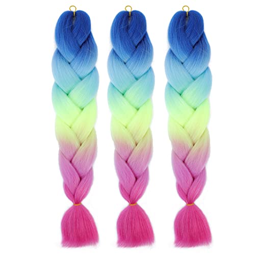 Yudaohair Braiding Hair Extensions For Women High Temperature Synthetic Ombre Jumbo Braids Hair For Twist Crochet Braiding Hair (24 Inch, Blue-Light Blue-Yellow Green-Pink-Peach Red) #TOP16