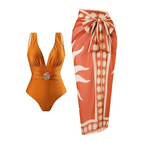 Women Sexy Deep V-Neck Ruched Gold Deco Swimsuit Vintage Stretchy Open Back Bikini Sets with Swim Dress