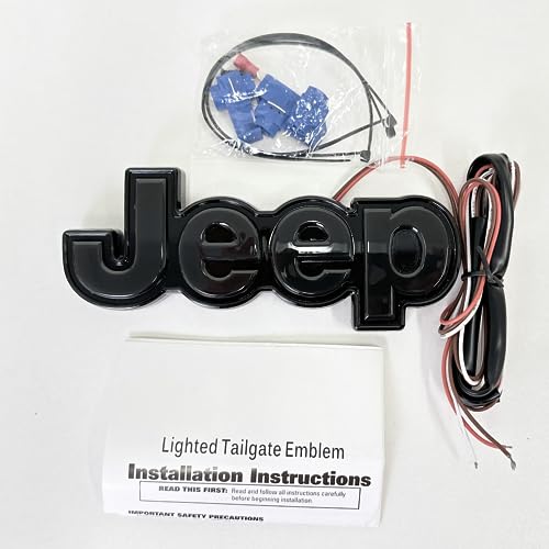 Image of AUTOGEM 2014-2018 Jeep Tailgate LED Letter Emblem Lights Up - Black Finish Rear Badge with Red LED for Jeep Vehicles