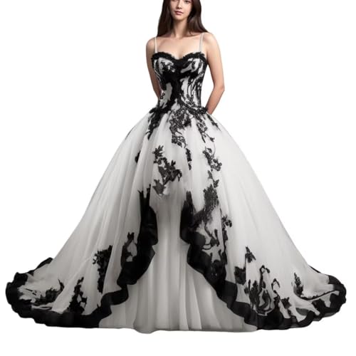 Mauuwy White Tulle Quinceanera Dresses Ball Gowns for Women Black Appliques Sweet 16 Dresses Vestidos para 15 años quinceañeras Gothic Wedding Dresses Size 4