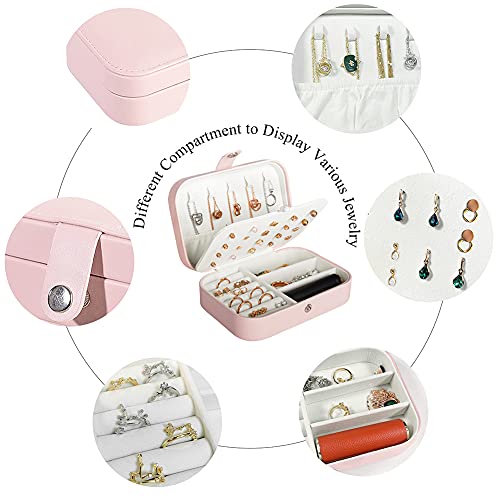 Travel Jewelry Box, Pu Leather Small Jewelry Organizer For Women Girls, Double Layer Portable Mini Travel Case Display Storage Holder Boxes For Stud Earrings, Rings, Necklaces, Bracelets (Pink) #TOP2