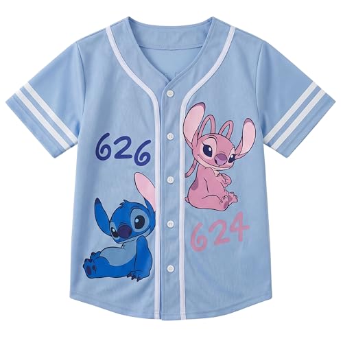 Image of Disney Lilo & Stitch Girls Baseball Jersey Shirt Button Down Kids Tee Stitch Angel Sizes 4-16