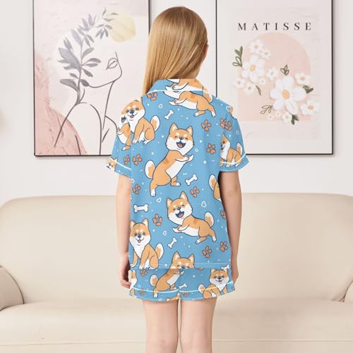 ALAZA Puppy Dog Paw Print Bones Blue Pajamas Satin Pajama Set Short Sleeve Button Down Sleepwear4