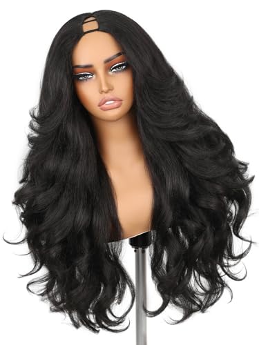 HANNE Yaki Curly V Part Wig Synthetic Half Wig U Part Wig 26 Inch Fluffy Wavy Flip Curls Heat Resistant 356F Glueless Beginner Friendly Hair Replacement Wigs for Black Women (Natural Black)