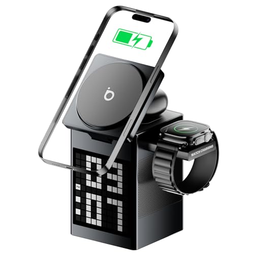 Basike Carregador Sem Fio Magnético 3 em 1, Rápido 15W, Compatível com MagSafe, com Alto-falante Bluetooth/Despertador para iPhone 16/15/14/13, Apple Watch 1-8/Ultra, AirPods (Sem Adaptador CA)