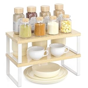 Cabinet Organizer Shelf, Set of 2 Stackable Wooden Spice Racks for Kitchen Counter, Pantry Storage, or Office – Space-Saving Shelves, Side-by-Side & Vertical, Natural Wood Color